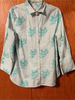 Chico's White Button-Down Shirt with Teal Floral Motif